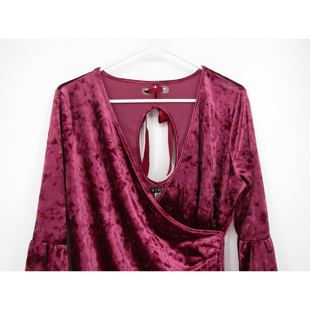 Venus Velvet Top Large Burgundy Crushed Bell Sleeve Surplice Ruched Wrap Festive - Picture 4 of 12
